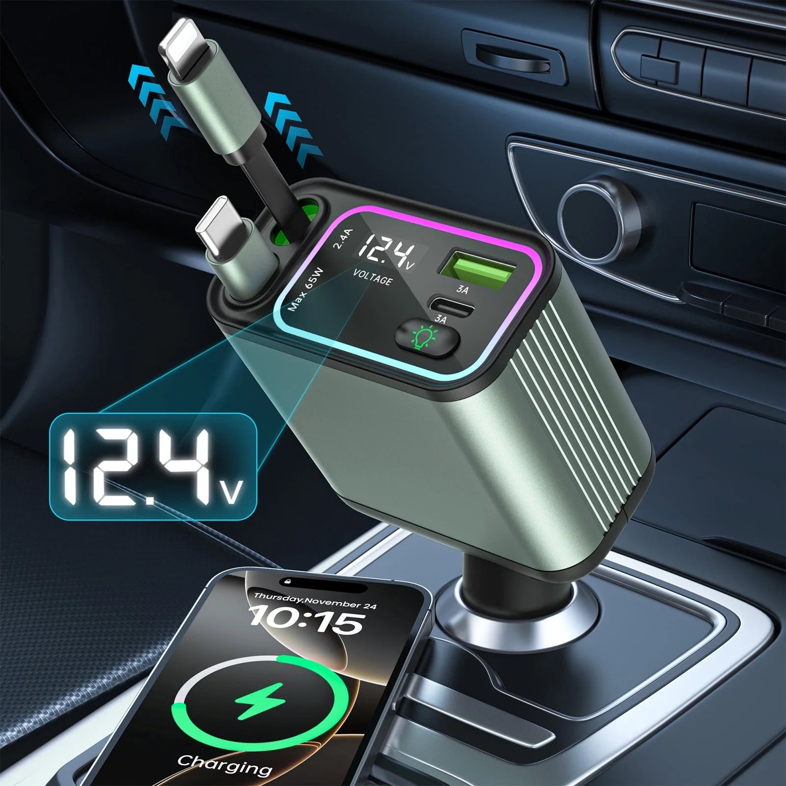 4 in 1 Retractable Car Charger for Iphone/Galaxy/Pixel