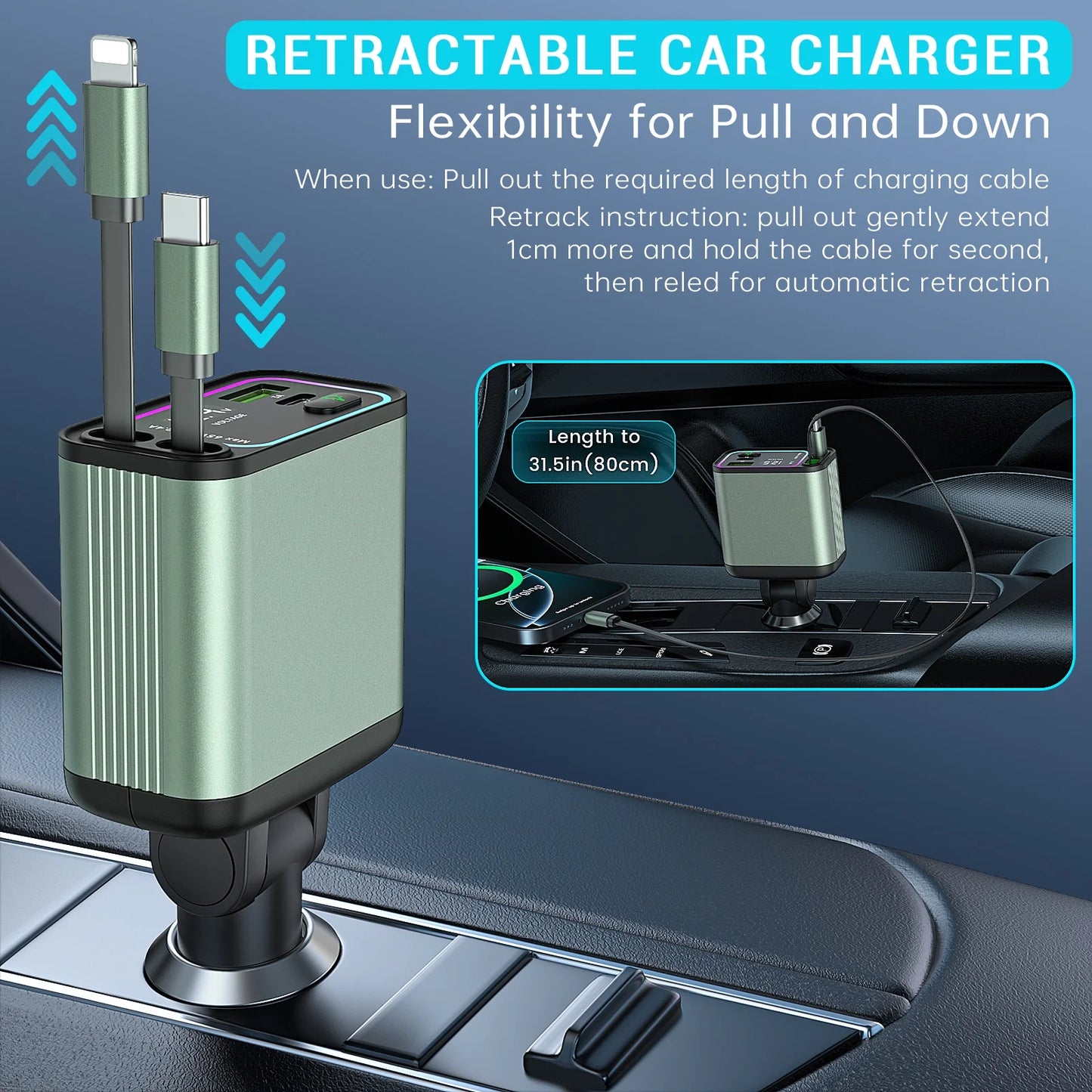 4 in 1 Retractable Car Charger for Iphone/Galaxy/Pixel
