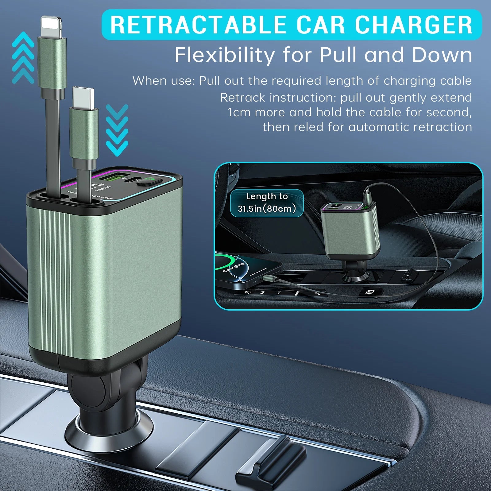 4 in 1 Retractable Car Charger for Iphone/Galaxy/Pixel